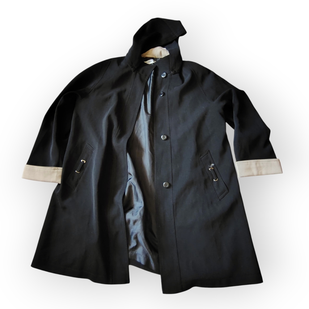 CONTEMPORAINE. Women's Black Trenchcoat With Beige Cuffs On Sleeve Size Large. - Picture 5 of 14